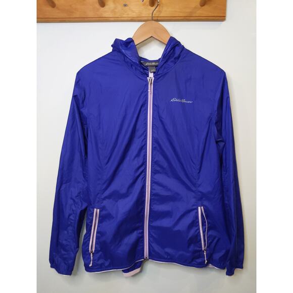 Eddie Bauer Women L Packable Rain Jacket Blue Windbreaker Full Zip Spring/Summer - Picture 1 of 13